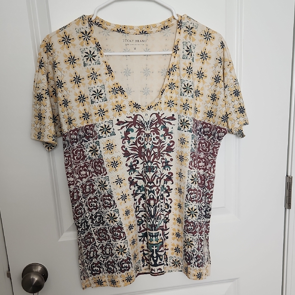 Lucky Brand Women's Short Sleeve Top - Cream, Brown, Red, Blue Pattern